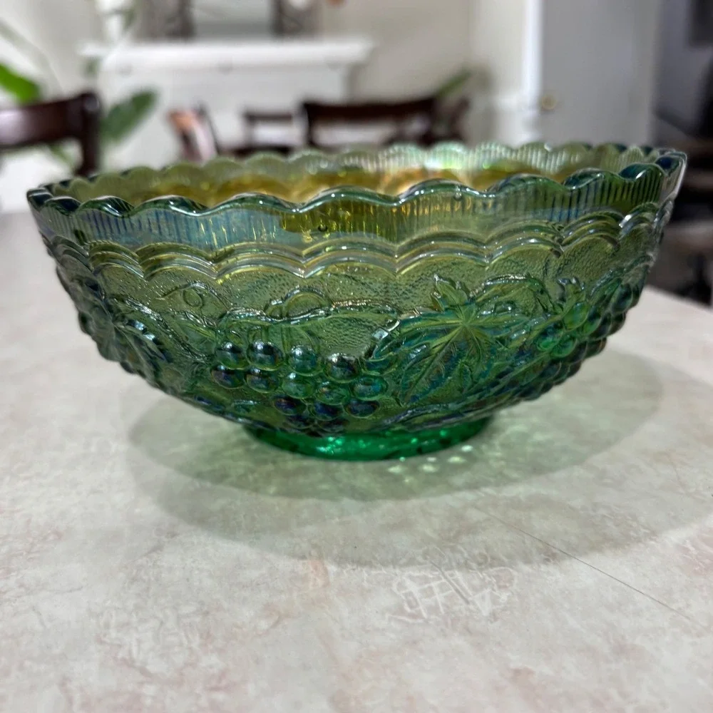 Antique Green Imperial Carnival Glass Scalloped Footed Decorative Bowl 8 Inch